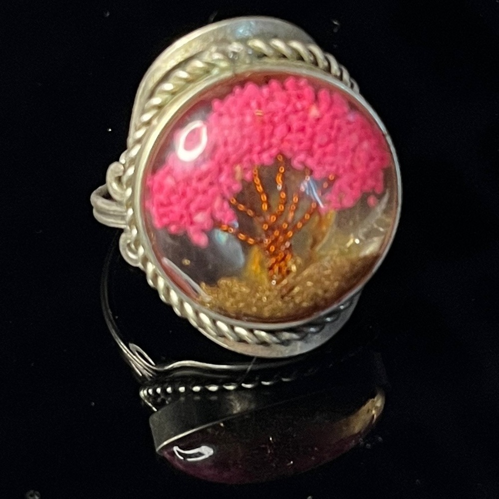 Tree of Life Ring Adjustable Pink Stone Copper Resin Ornate Silver-Tone Band